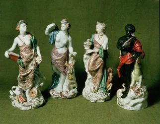 Plymouth porseleinen figuren van de Vier Continenten geproduceerd onder William Cookworthy van Longton Hall mallen, ca. 1770